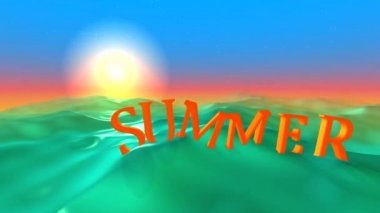 Turuncu renk metin güneş denizde yüzeyinde yüzen. 4k video 3d programdan recoded. Amorf bir yüzey üzerinde yazıt.