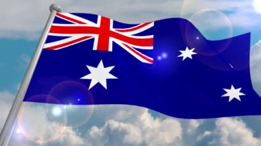 Cumulus bulutları ve güneşten gelen objektif bir flaş ile mavi gökyüzü karşı rüzgar Australia devlet bayrağı geliştirir. 4k video ilmekledi ve 3d bir programdan deşifre.