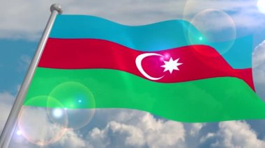 Azerbaycan Devlet bayrağı cumulus bulutları ve güneşten gelen objektif bir flaş ile mavi gökyüzü karşı rüzgarda geliştirir. 4k video ilmekledi ve 3d bir programdan deşifre.