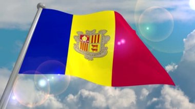 Andorra devlet bayrağı cumulus bulutları ve güneşten gelen objektif bir flaş ile mavi gökyüzü karşı rüzgarda geliştirmektedir. 4k video ilmekledi ve 3d bir programdan deşifre.