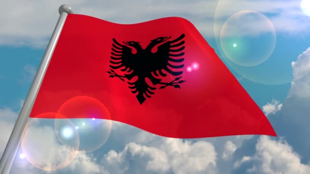 阿尔巴尼亚的状态的旗子在风开发反对蓝天与积云和闪光在透镜从太阳 视频从3D 程序循环解码 — 图库视频影像