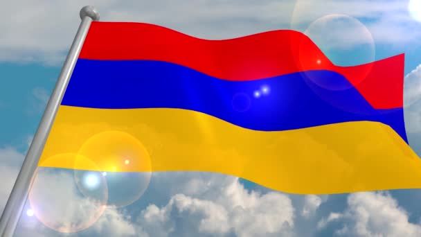 Bandera Del Estado Armenia Desarrolla Viento Contra Cielo Azul Con — Vídeo de stock