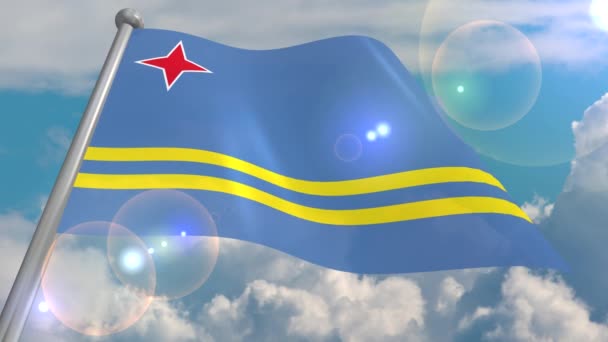 Bandeira Estado Aruba Desenvolve Vento Contra Céu Azul Com Nuvens — Vídeo de Stock