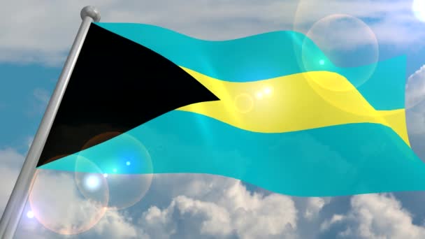 Флаг Багамского Государства Развивается Ветру Против Голубого Неба Кучевыми Облаками — стоковое видео