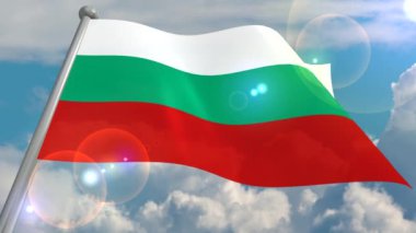 Cumulus bulutları ve güneşten gelen objektif bir flaş ile mavi gökyüzü karşı rüzgarda Bulgaristan Devlet bayrağı geliştirir. 4k video ilmekledi ve 3d bir programdan deşifre.