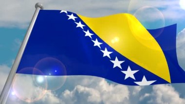 Cumulus bulutları ve güneşten gelen objektif bir flaş ile mavi gökyüzü karşı rüzgardaki bayrak devlet, Bosna-Hersek geliştirir. 4k video ilmekledi ve 3d bir programdan deşifre.