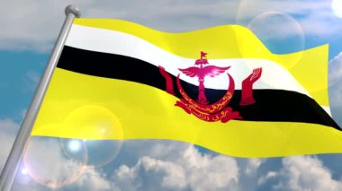 Brunei devlet bayrağı cumulus bulutları ve güneşten gelen objektif bir flaş ile mavi gökyüzü karşı rüzgarda geliştirmektedir. 4k video ilmekledi ve 3d bir programdan deşifre.