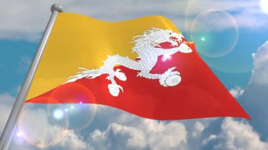 Bhutan devlet bayrağı cumulus bulutları ve güneşten gelen objektif bir flaş ile mavi gökyüzü karşı rüzgarda geliştirmektedir. 4k video ilmekledi ve 3d bir programdan deşifre.