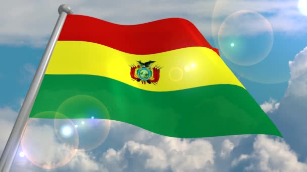 ボリビアの州の旗は 積雲の雲と太陽からレンズにフラッシュ青空風に開発しています ビデオのループし プログラムからデコードされました — ストック動画