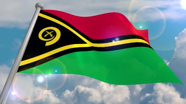 Флаг Государства Вануату Развивается Ветру Против Голубого Неба Кучевыми Облаками — стоковое видео