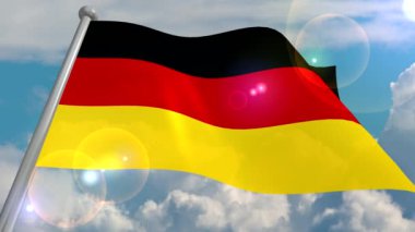 Almanya devlet bayrağı cumulus bulutları ve güneşten gelen objektif bir flaş ile mavi gökyüzü karşı rüzgarda geliştirmektedir. 4 k video döngüler ve bir 3d program kodunu çözer.