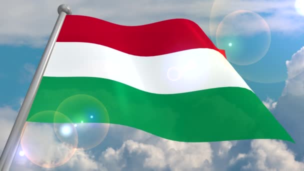 Flag State Hungary Develops Wind Blue Sky Cumulus Clouds Flash — Stock Video