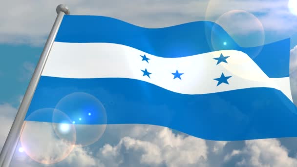 洪都拉斯国家的旗帜在风中升起 天空与积云和来自太阳的镜头上的闪光 视频循环和解码从3D — 图库视频影像