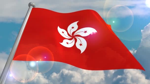 Flaggan Hong Kong Utvecklar Vinden Mot Blå Himmel Med Cumulusmoln — Stockvideo