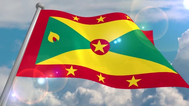 Vlag Van Staat Van Grenada Ontwikkelt Wind Tegen Een Blauwe — Stockvideo