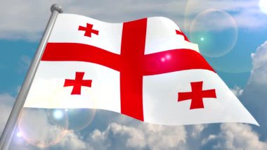 Cumulus bulutları ve güneşten gelen objektif bir flaş ile mavi gökyüzü karşı rüzgarda Gürcistan Devlet bayrağı geliştirir. 4 k video döngüler ve bir 3d program kodunu çözer.