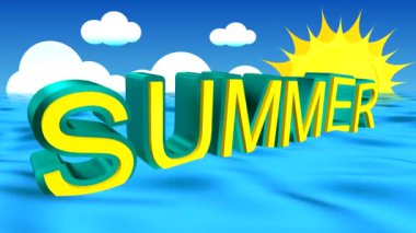 Reklam kelime yaz derinliklerinden açılır ve kümülüs bulutlar gökyüzü ve uzun ışınları ile dönen bir güneş karşı mavi denizin dalgaları üzerinde sways.