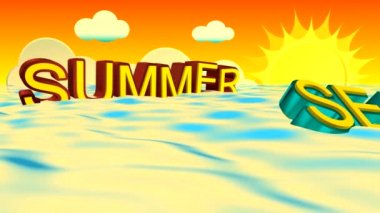 Kelime yaz uzun ışınları ile ufukta güneşlik bulutları ve dönen bir güneş ile turuncu bir gökyüzü arka plana karşı denizin dalgaları üzerinde salıncaklar. Kelime güneş ve deniz açılır.