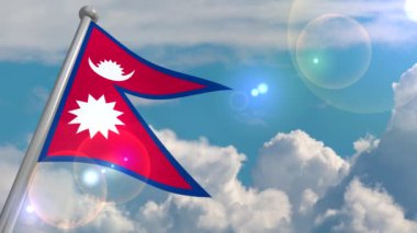 Nepal bayrağı kümülüs bulutları ve güneşten objektif bir flaş ile mavi bir gökyüzüne karşı rüzgarda gelişiyor. 4k video döngüleri ve 3b programdan kodları çözer.