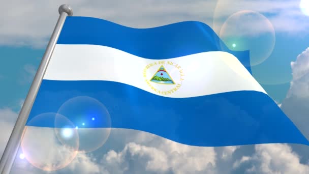 Staten Nicaraguas Flagga Utvecklas Vinden Mot Blå Himmel Med Cumulus — Stockvideo