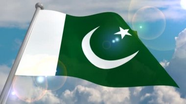 Pakistan devletinin bayrağı kümülüs bulutları ve güneşten objektif bir flaş ile mavi bir gökyüzüne karşı rüzgarda gelişir. 4k video döngüleri ve 3b programdan kodları çözer.