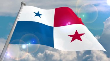 Panama Eyaleti bayrağı kümülüs bulutları ve güneşten objektif bir flaş ile mavi bir gökyüzüne karşı rüzgarda gelişir. 4k video döngüleri ve 3b programdan kodları çözer.