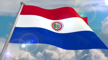 Paraguay Eyaleti bayrağı kümülüs bulutları ve güneşten objektif bir flaş ile mavi bir gökyüzüne karşı rüzgarda gelişir. 4k video döngüleri ve 3b programdan kodları çözer.