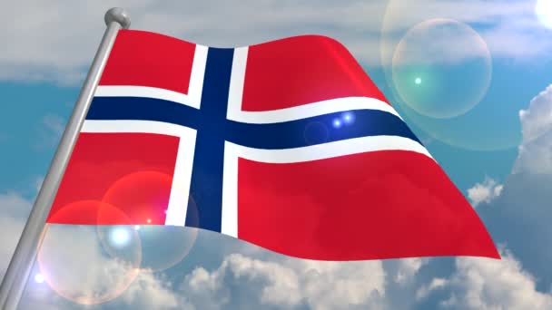 Flag State Norway Develops Wind Blue Sky Cumulus Clouds Flash — Stock Video