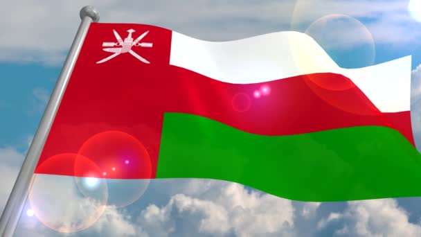 Flag Oman Developing Wind Blue Sky Cumulus Clouds Flash Lens — Stock Video