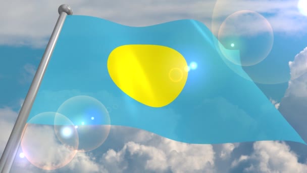 Флаг Штата Палау Развивается Ветру Против Голубого Неба Кучевыми Облаками — стоковое видео