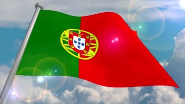 Portekiz Devleti bayrağı kümülüs bulutları ve güneşten objektif bir flaş ile mavi bir gökyüzüne karşı rüzgarda gelişir. 4k video döngüleri ve 3b programdan kodları çözer.