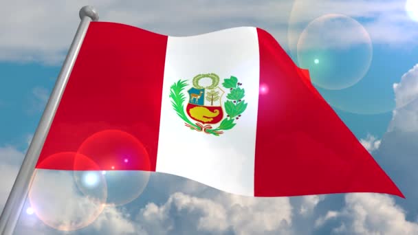 秘鲁国旗在风中飘扬 蓝天白云 太阳镜头上闪过一闪 视频循环和 程序解码 — 图库视频影像