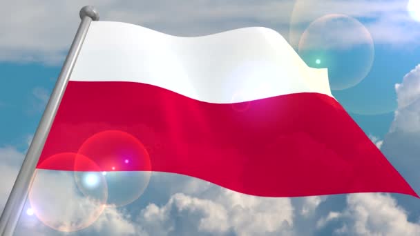 Flag State Poland Develops Wind Blue Sky Cumulus Clouds Flash — Stock Video