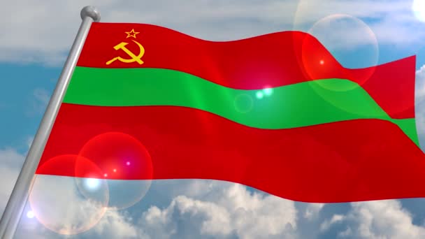 Flag Transnistria Developing Wind Blue Sky Cumulus Clouds Flash Lens — Stock Video