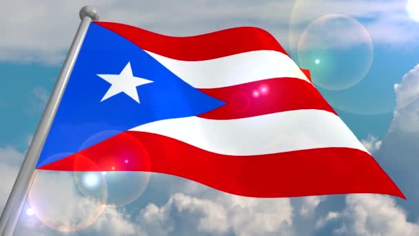 Flag Puerto Rico Develops Wind Blue Sky Cumulus Clouds Flash — Stock Video