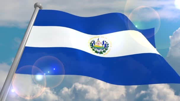 萨尔瓦多国旗在风中飘扬 与蓝天同在 云层密布 太阳镜头上闪过一闪 视频循环和 程序解码 — 图库视频影像