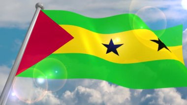 Sao Tome ve Principe eyaletinin bayrağı, kümülüs bulutları ve güneşten gelen mercek üzerinde bir flaş ile mavi gökyüzüne karşı rüzgarda gelişiyor. 4k video döngüleri ve 3b programdan kodları çözer.