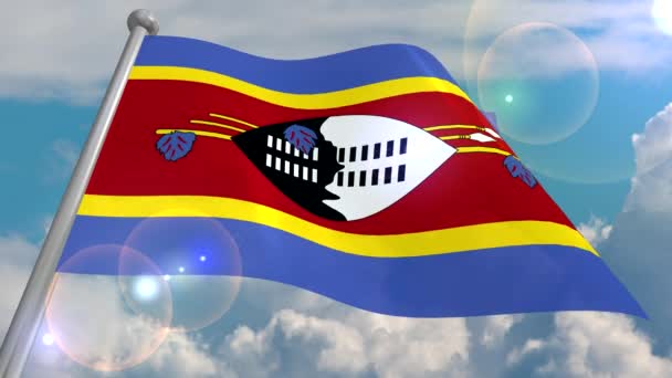 Vlag Van Swaziland Ontwikkelt Zich Wind Tegen Een Blauwe Hemel — Stockvideo