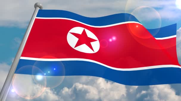 Flag State North Korea Developing Wind Blue Sky Cumulus Clouds — Stock Video