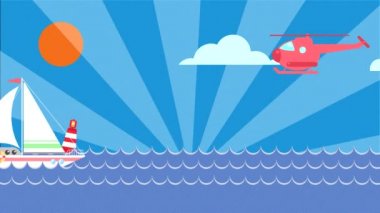 Bir yelkenli yatı deniz boyunca yanıp sönen bir şamandıranın yanında yüzüyor ve bir helikopter yukarıda uçuyor. Denizin arka planında ulaşım, güneş ve bulutlar hareket halindeyken