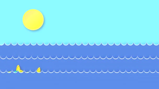 魚は海の表面に浮かんで日の出を見 イルカはそれに気づき狩りを開始します 高品質4Kフラットスタイルアニメーションビデオ 映像のループ — ストック動画