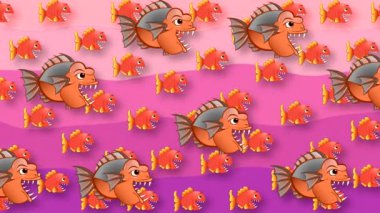 Uzun dişli yüzen yırtıcı bir balığın soyut animasyonu.