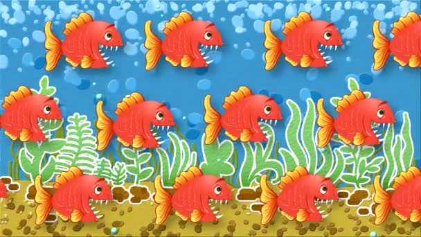 Абстрактна Анімація Школи Рибного Плавання Горизонтально Відкриває Рот Великими Зубами — стокове відео