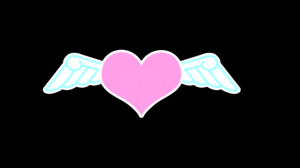 Looping-Animation eines rosafarbenen Herzens mit weißen Flügeln mit einem Alphakanal in Form einer schwarz-weißen Helligkeitsmaske, um den Hintergrund beim Bearbeiten von Videos auszuschneiden.