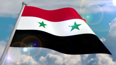 Suriye devletinin bayrağı rüzgârda kümülüs bulutları ve güneşten yansıyan merceklerde parlayan mavi bir gökyüzüne karşı gelişiyor. 4K videosu 3D bir programdan çevrilip deşifre ediliyor.