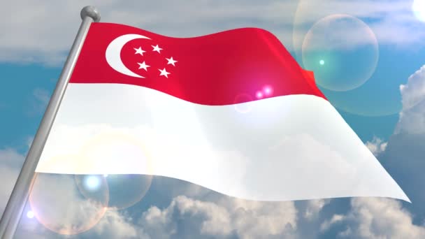 Flag State Singapore Flies Wind Blue Sky Cumulus Clouds Flash — Stock Video