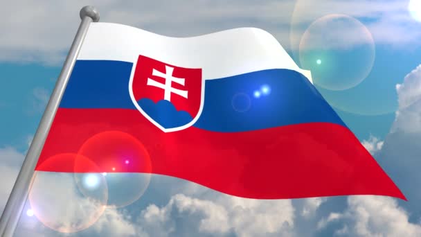 Прапор Словаччини Розвивається Вітром Проти Блакитного Неба Купчастими Хмарами Спалахом — стокове відео