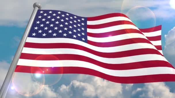Flaga Stanu Usa Rozwija Się Wietrze Przeciwko Błękitnemu Niebu Chmurami — Wideo stockowe