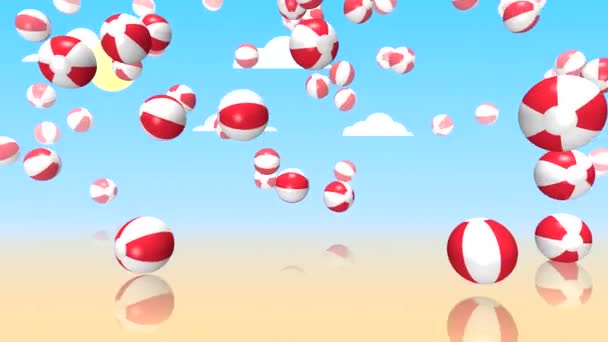 Zıplayan Plaj Toplarıyla Soyut Animasyon Bulutlu Güneşli Mavi Gökyüzüne Karşı — Stok video