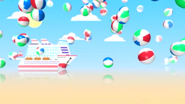 Абстрактная Анимация Прыгающими Пляжными Шарами Фоне Голубого Неба Облаками Солнцем — стоковое видео